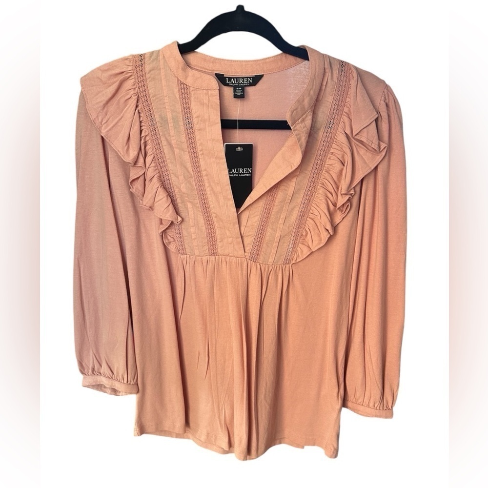 Lauren Ralph Lauren Rose Tan Ruffled Bib Neck Top Size: S - Picture 2 of 9